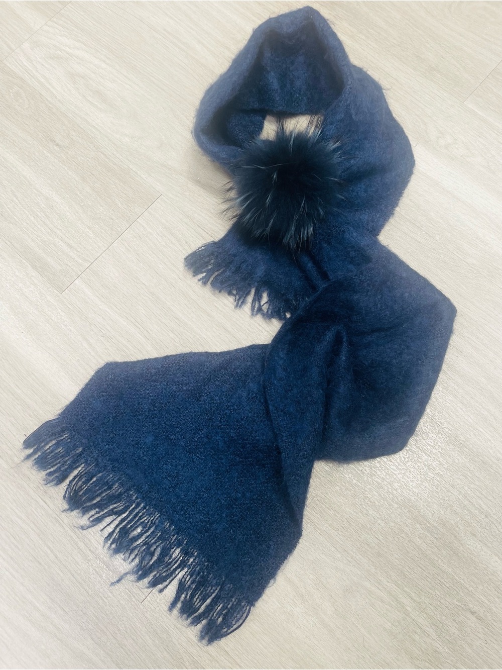 Plush Navy Fringe Scarf with Removable Pom Accent